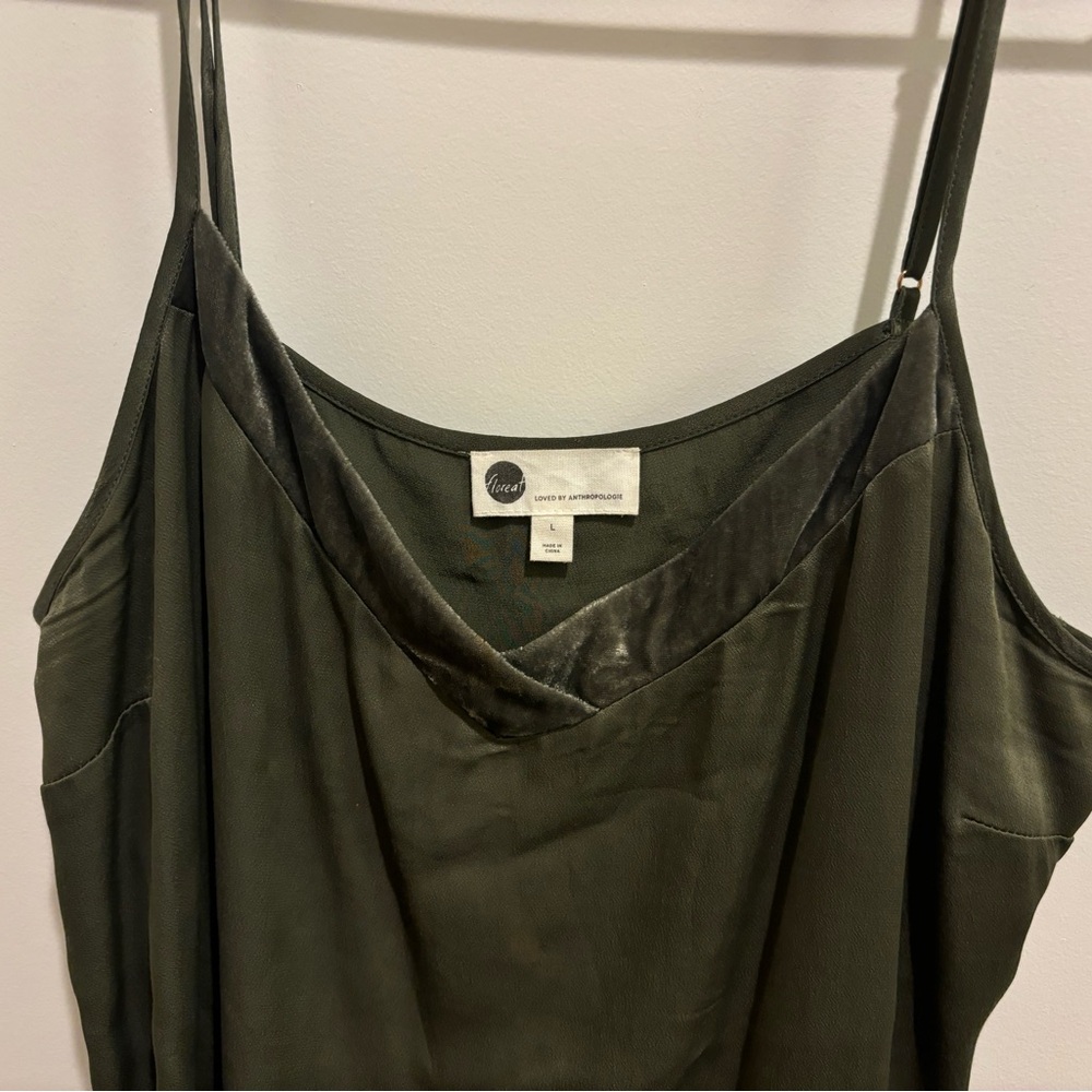 Anthropologie green satin tank top with velvet detail.